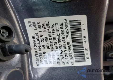 2017 Honda Civic Exl z USA, uszkodzony, nr VIN 2HGFC1F79HH649879